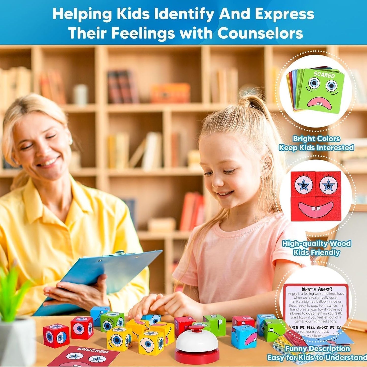Feelings Cube Game for Kids Social Emotional Learning, W/56 Emotion Cards, Autism Speech Therapy Materials & Activities, School Counselor Office Must Haves, Feeling Toy for Kids