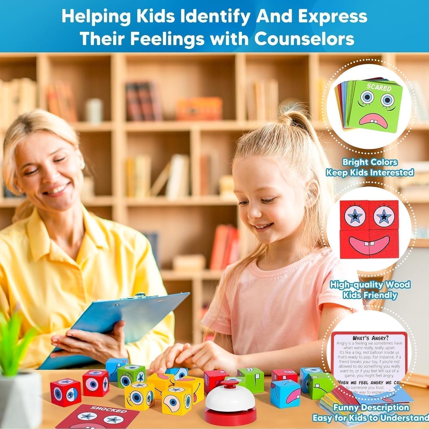 Feelings Cube Game for Kids Social Emotional Learning, W/56 Emotion Cards, Autism Speech Therapy Materials & Activities, School Counselor Office Must Haves, Feeling Toy for Kids