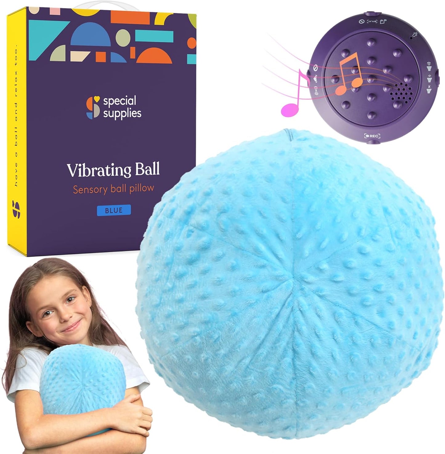 Vibrating Ball Pillow Sensory Pressure Activated for Kids and Adults, Plush Minky Soft Cover with Textured Therapy Stimulation Bumps, 3 Vibration Modes, Music & Voice Recording- Blue