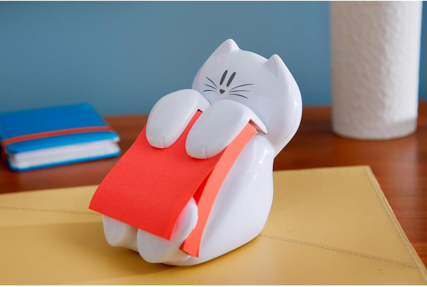 Dispenser, Sticky Note Holder, White Cat Design, Includes 45 Pop-Up Sheets of 3 in X 3 in Pink, Sticky Notes Holder for Desk, Classroom or Office Supplies