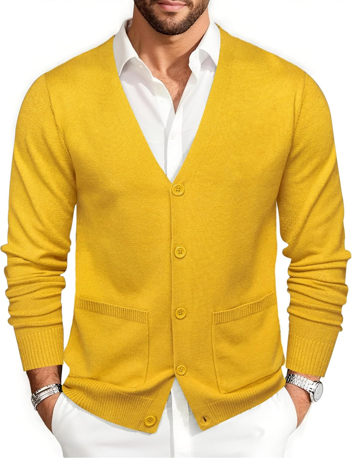 Mens Cardigan Sweater Long Sleeve Casual V Neck Solid Knitwear Cardigans with Pockets Business Weekend