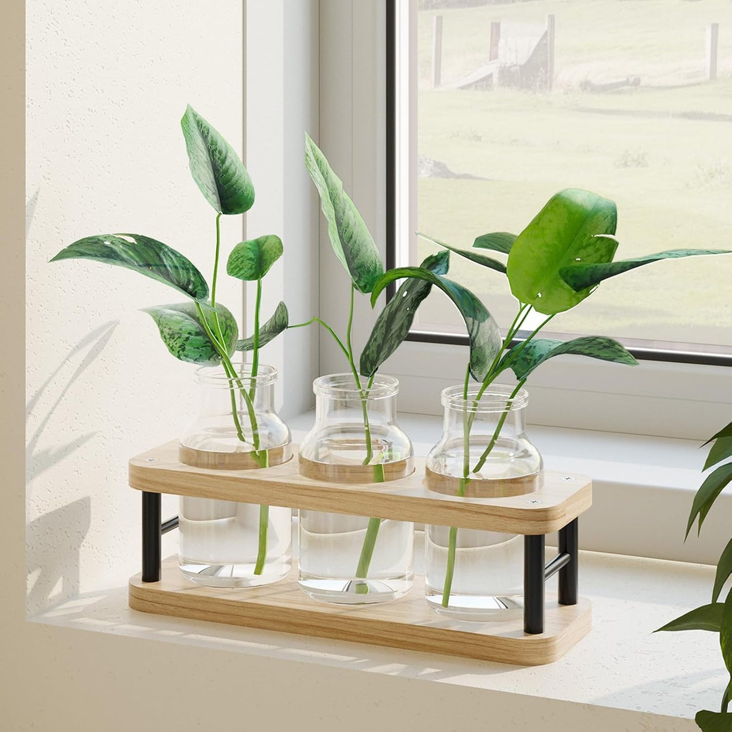 Plant Propagation Station with Wooden Stand, Propagation Vases Glass Planters for Indoor Plants Hydroponic Propagating Jars Home Office Decor, Plant Lover Gifts