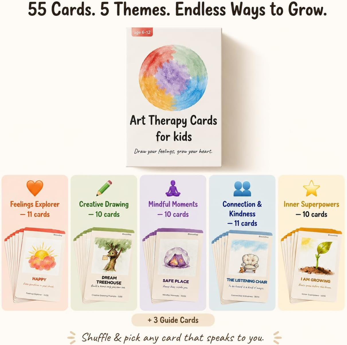 Art Therapy Cards for Kids Ages 6-12 - 52 Emotion & Mindfulness Cards with Creative Drawing Prompts | Social Emotional Learning SEL Tool for Anxiety, Self-Esteem & Coping Skills