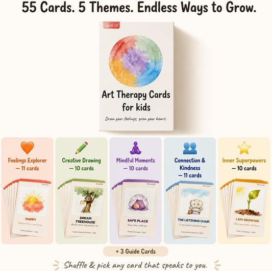 Art Therapy Cards for Kids Ages 6-12 - 52 Emotion & Mindfulness Cards with Creative Drawing Prompts | Social Emotional Learning SEL Tool for Anxiety, Self-Esteem & Coping Skills