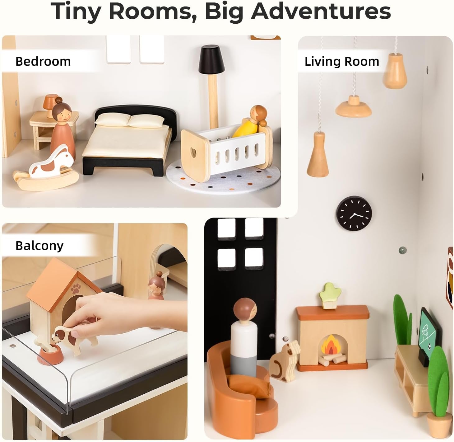 Wooden Dollhouse, Modern Doll House with 66Pcs Luxurious Furniture Accessories, Including Dolls and Pet Sets, Wood Dollhouse Toy for Boys and Girls 3+