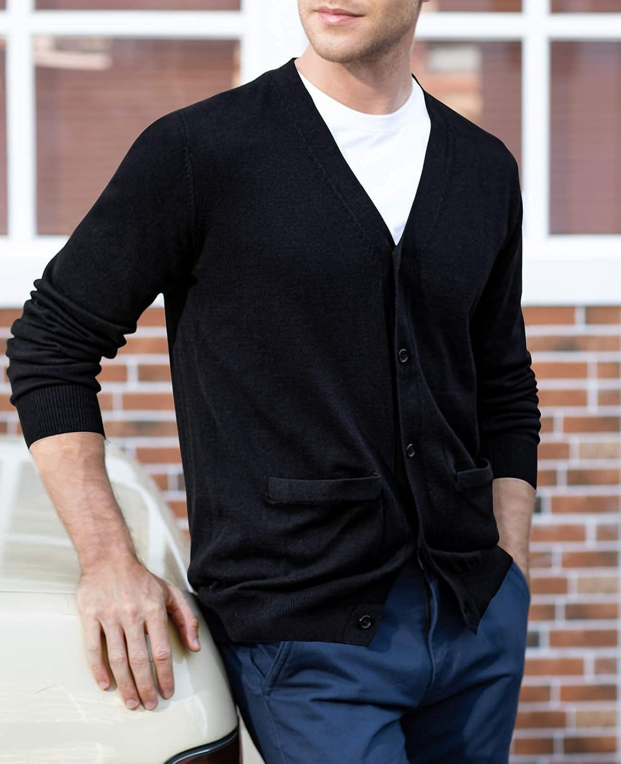 Men'S Cardigan 100% Cotton Sweater V-Neck Button down Knitted Outerwear with Pockets Fashion 2026