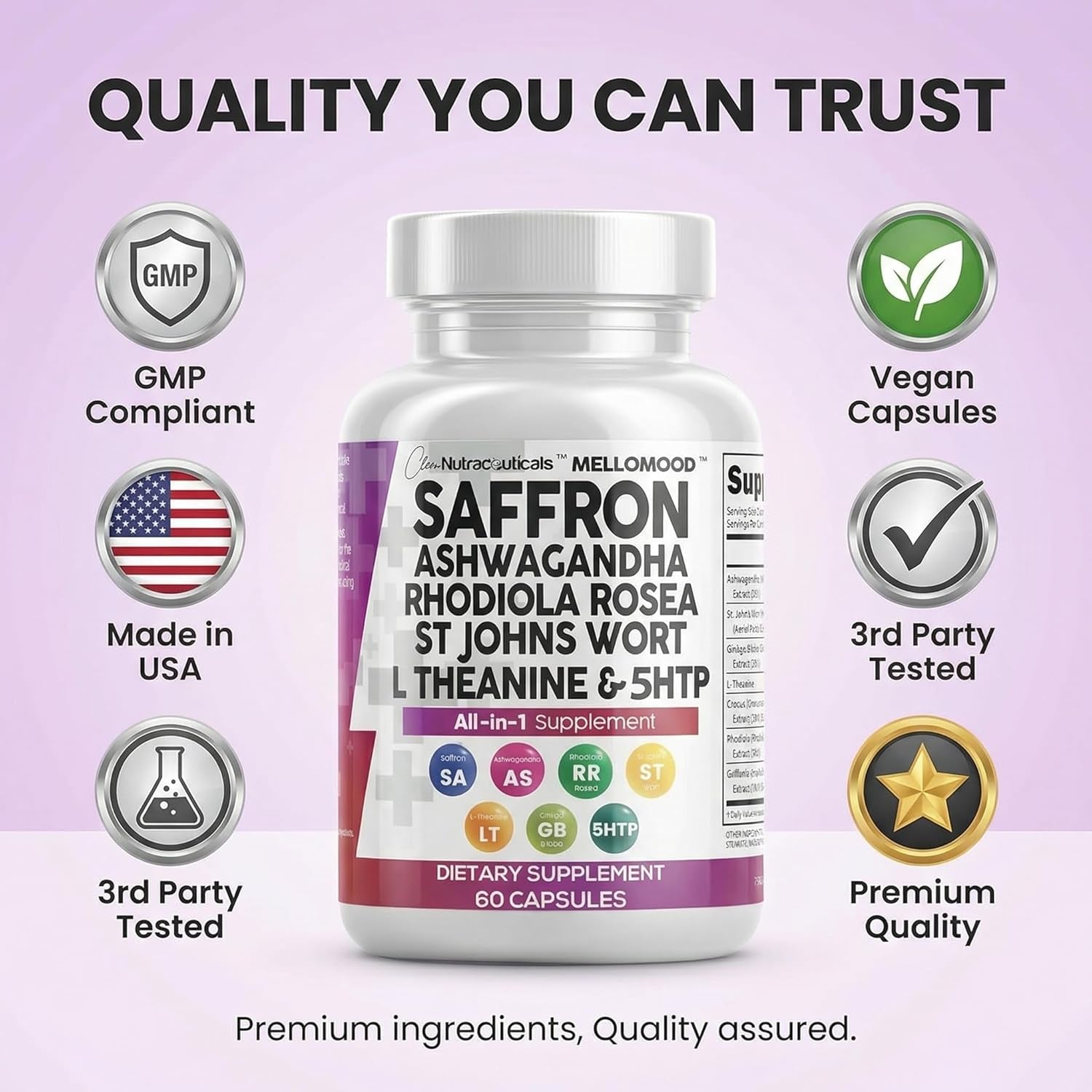 Saffron Supplements Extract 100Mg + Ashwagandha L-Theanine 200Mg - Mood Support Ginkgo Biloba, St. John'S Wort, Rhodiola Rosea & 5-HTP Capsules Pills Men Women