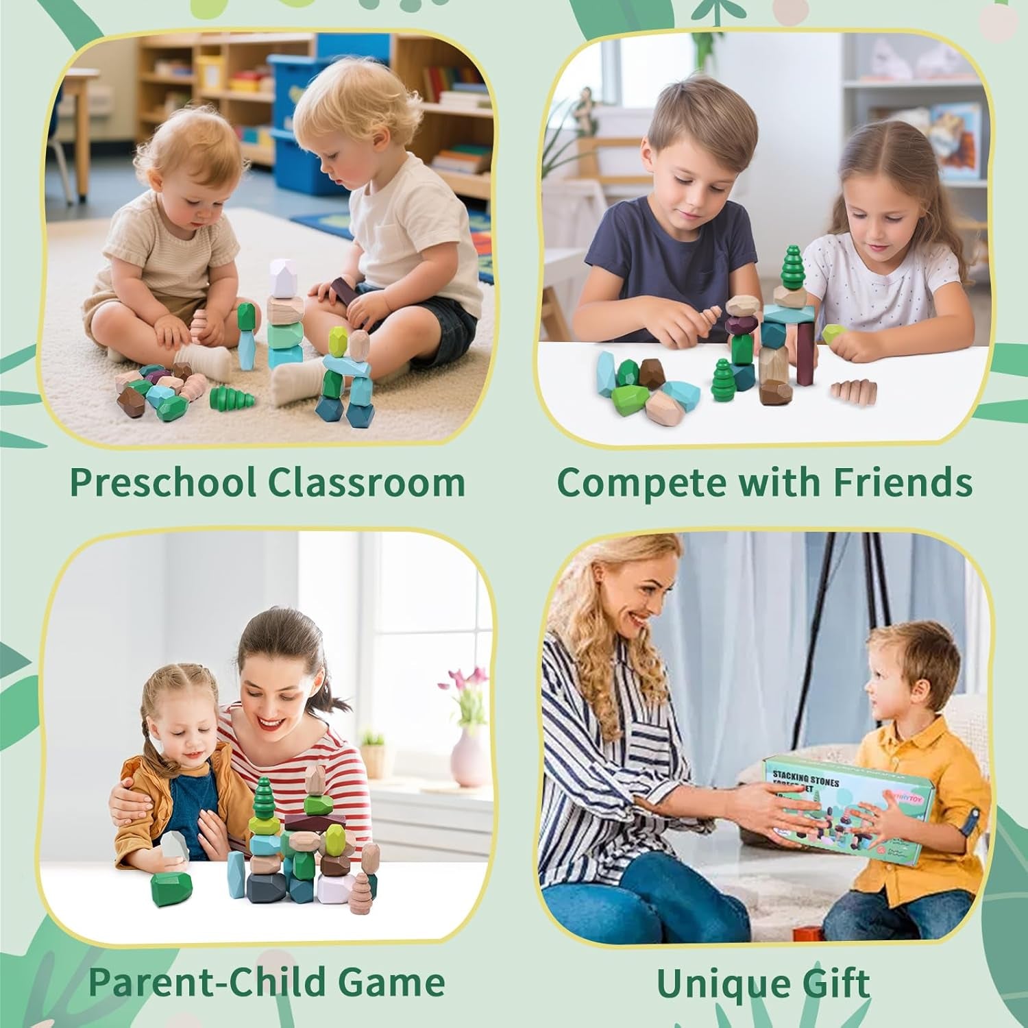 40 PCS Wooden Stacking Rocks Building Blocks Forest Theme, Sensory Learning Montessori Toys for 3 4 5 Year Old Kids, Preschool Educational STEM Toys Toddler Games Birthday Gifts for Girls Boys