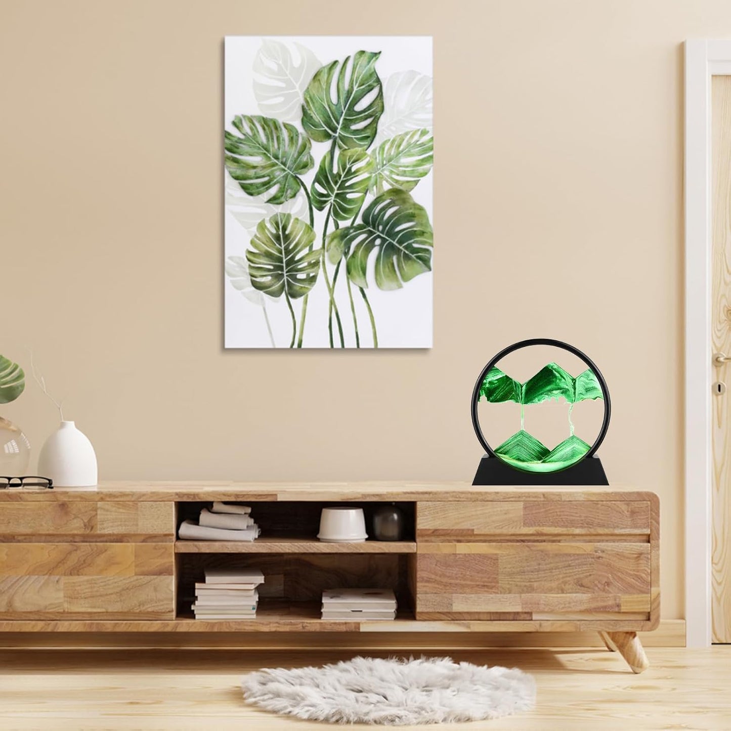 Moving Sand Art Picture - round Glass 3D Deep Sea Sandscape - 3D Quicksand Painting Decor - Relaxing Home Decoration Desk Figurine for Office, Home, Desk, Mantle, Bookshelf - (Green, 7 In)