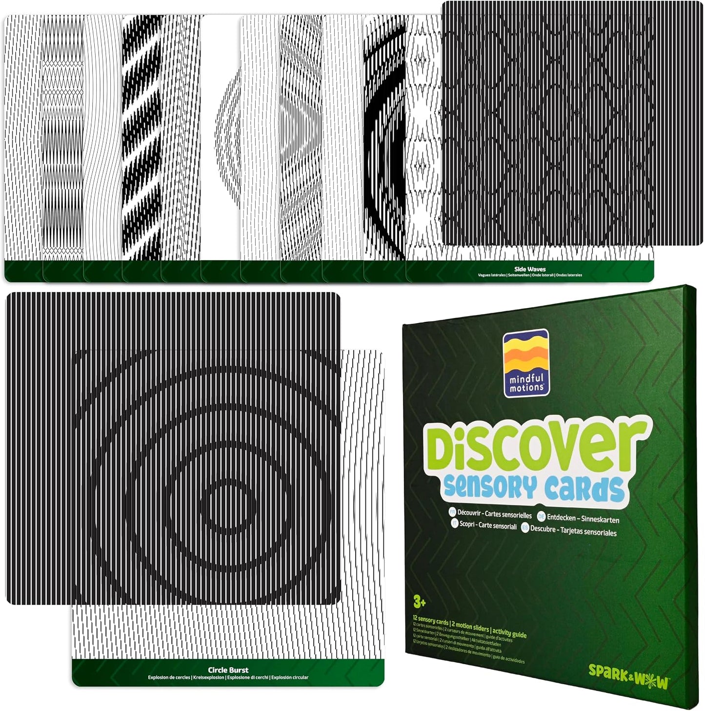 Mindful Motions Sensory Cards, Discover, 12 Dynamic Patterns and 2 Sliders | Screen-Free Visual Sensory Toys
