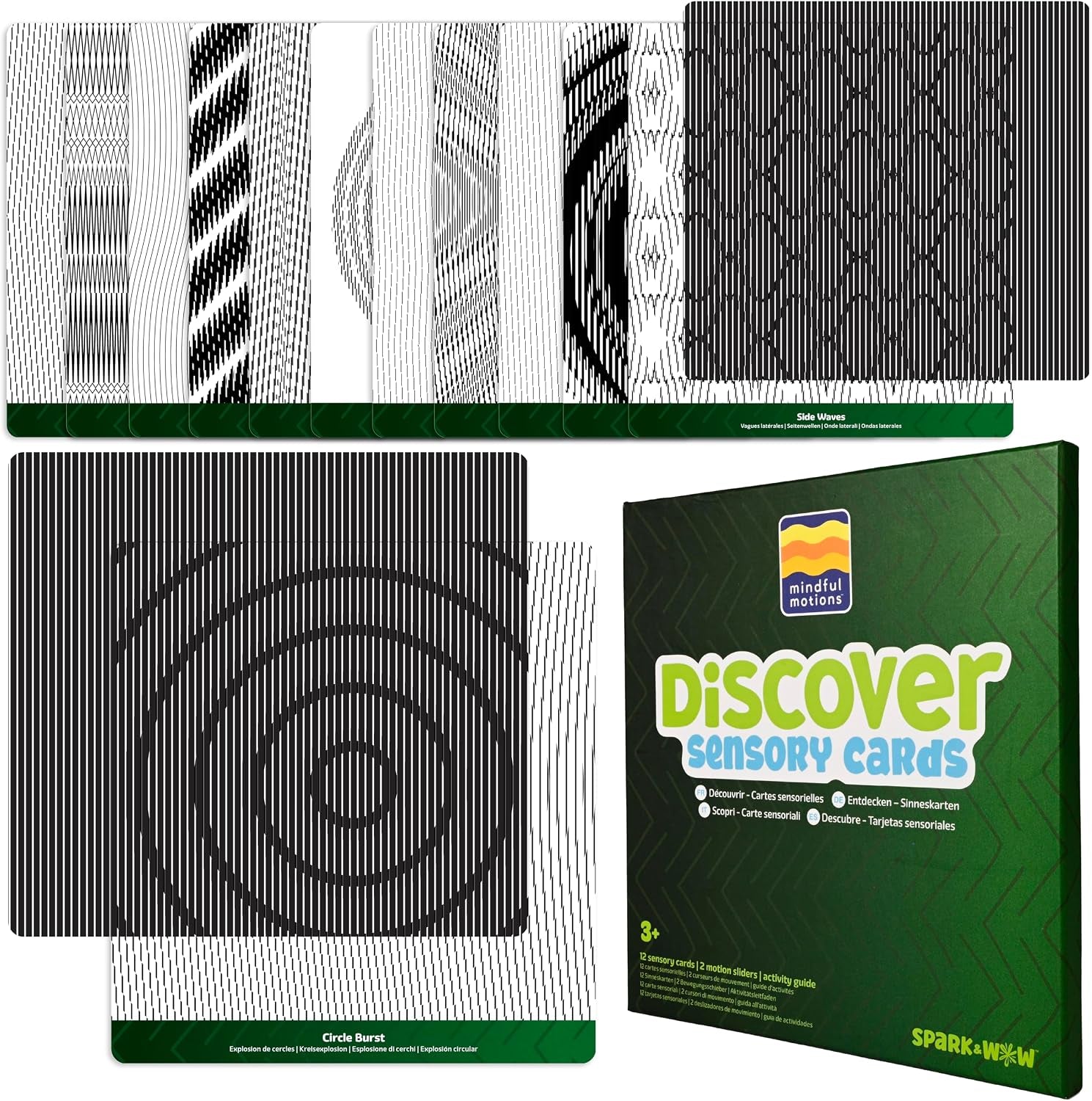 Mindful Motions Sensory Cards, Discover, 12 Dynamic Patterns and 2 Sliders | Screen-Free Visual Sensory Toys