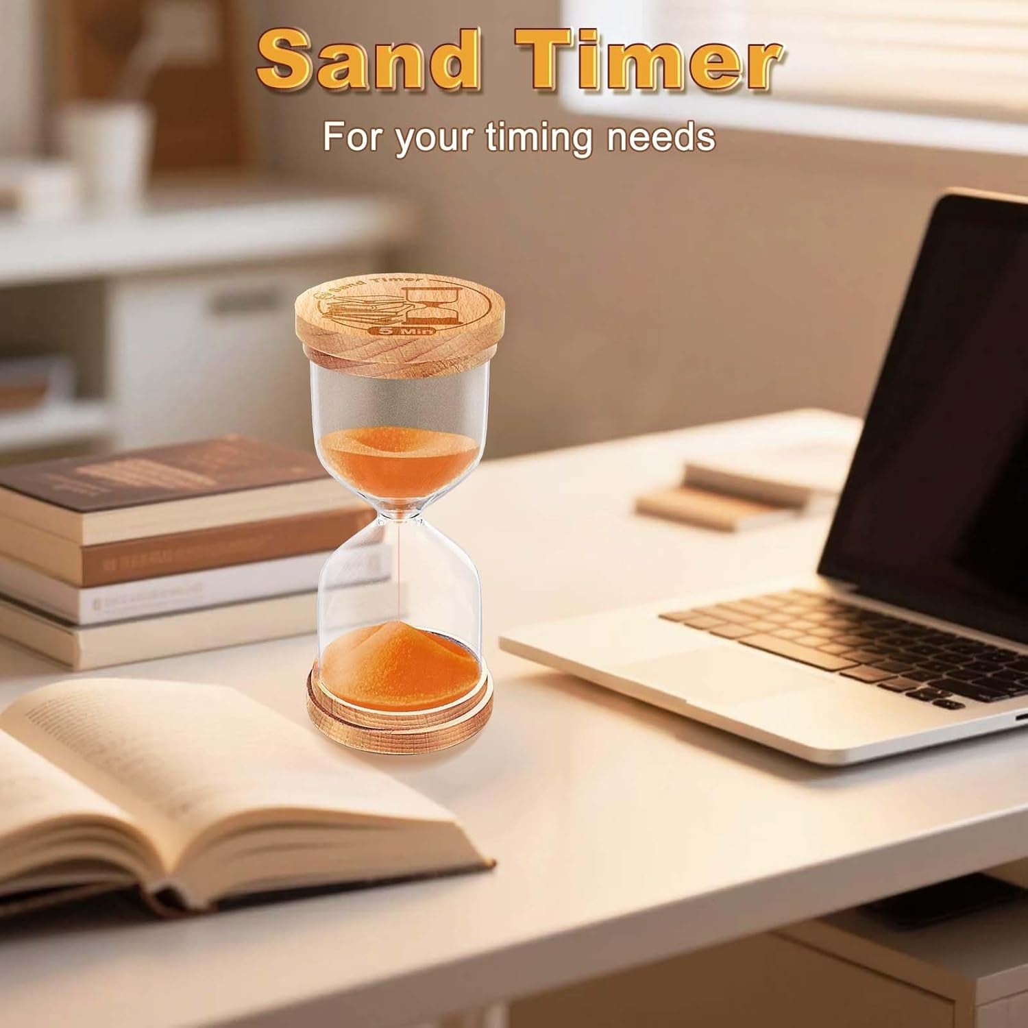 60 Minute Wooden Sand Timer, Hourglass Orange Small Sand Clock Reloj De Arena for Desk Decor Kitchen Classroom Office Study Home Decoration