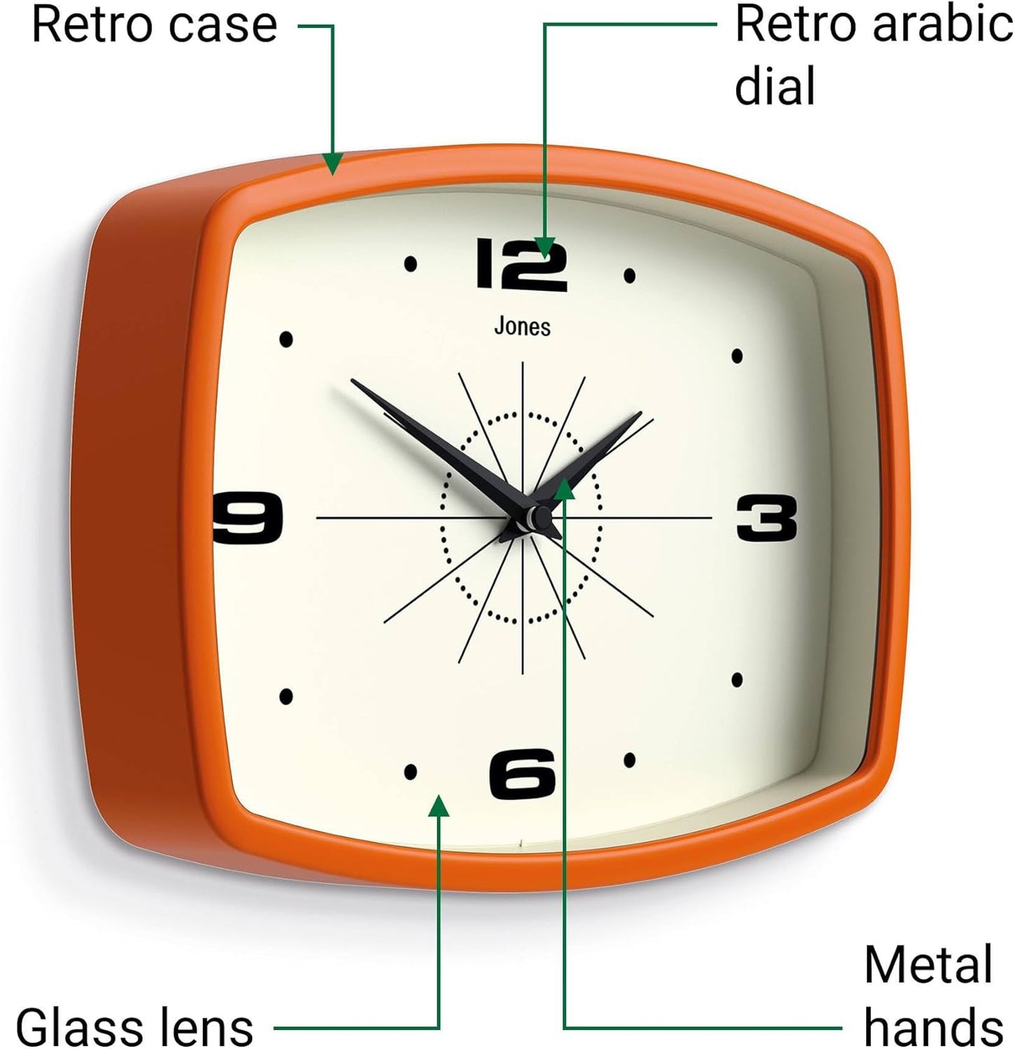 ® Movie Wall Clock | Retro Rectangular Clock | 10 Inch | Orange | Cool Mid-Century Designer Look for Kitchen, Living Room or Office