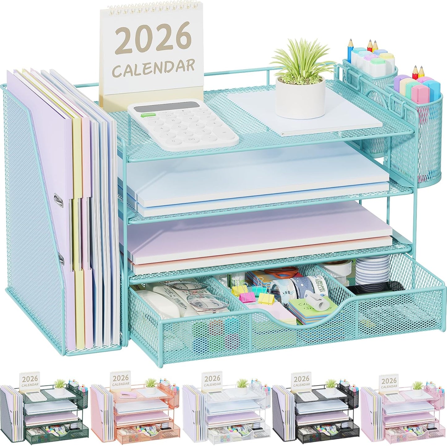Desk Organizers and Accessories with File Holder, 4-Tier Desk Accessories & Workspace Organizers with Drawer and 2 Pen Holder, Paper Organizer for Office Supplies (Rose Gold)