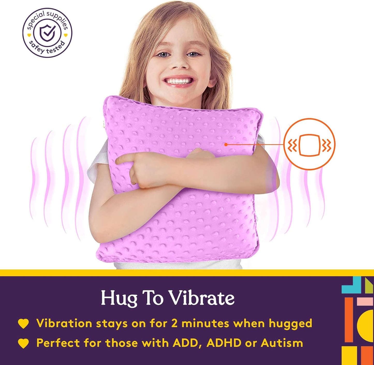 Vibrating Pillow Sensory Pressure Activated for Kids and Adults, 12” Plush Minky Soft Cover, Textured Therapy Stimulation Bumps-Vibrations, Music & Voice Recording (Purple)