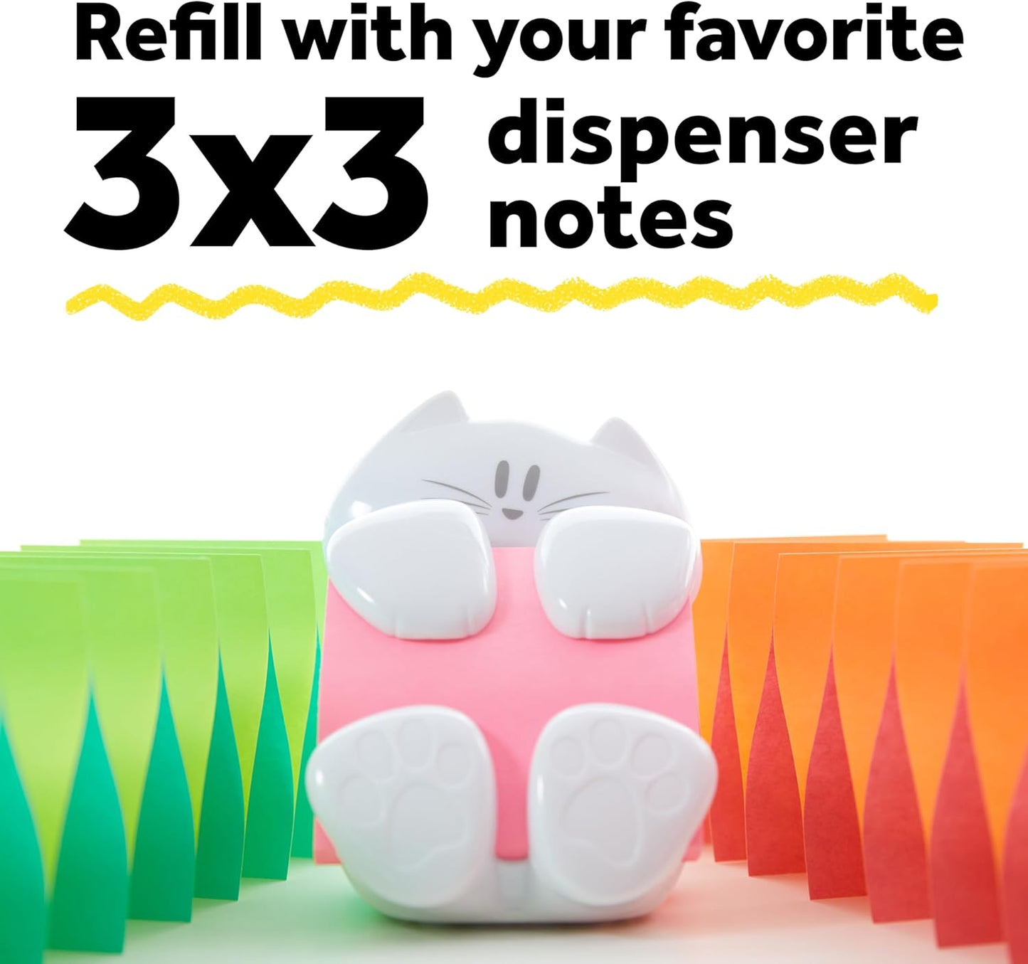 Dispenser, Sticky Note Holder, White Cat Design, Includes 45 Pop-Up Sheets of 3 in X 3 in Pink, Sticky Notes Holder for Desk, Classroom or Office Supplies