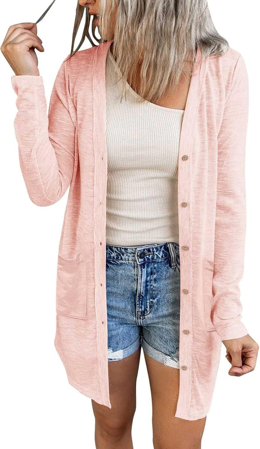 Women'S Lightweight Cardigan Summer Long Open Front Button down Trendy Loose Outwear with Pockets