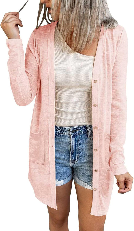 Women'S Lightweight Cardigan Summer Long Open Front Button down Trendy Loose Outwear with Pockets