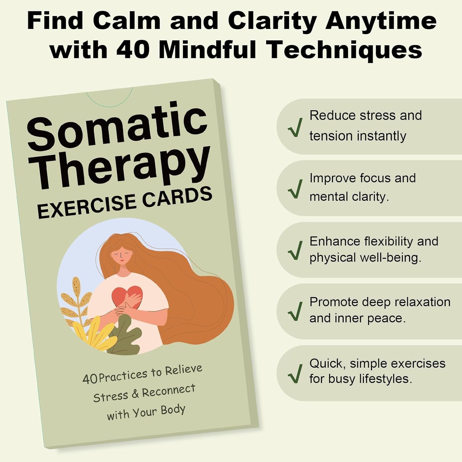 Somatic Therapy Exercise Cards - 40 Mindfulness Cards with Simple Practices, Coping Skills for Nervous System Regulation to Relieve Stress, Trauma Release and Reconnect with Your Body - 3.9”X5.9”