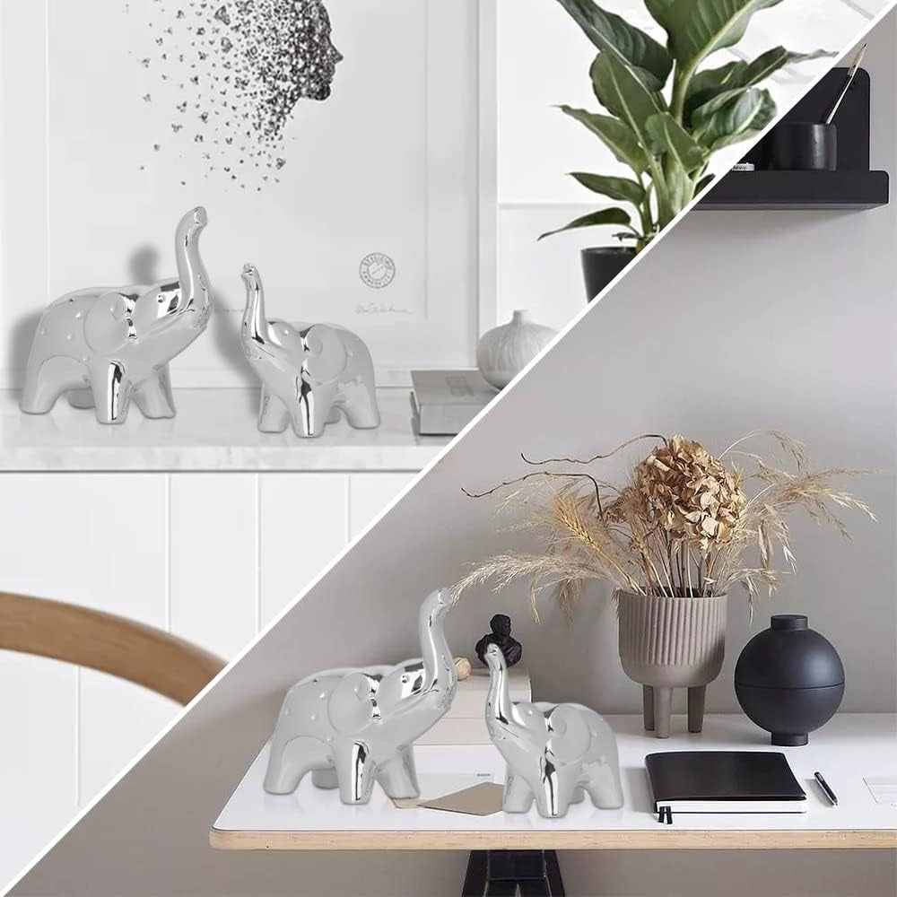 A Pair Elephant Statue Home Decor,Modern Style Figurines,Sculpture for ​Office Desktop Bookshelf Living Room (Silver)