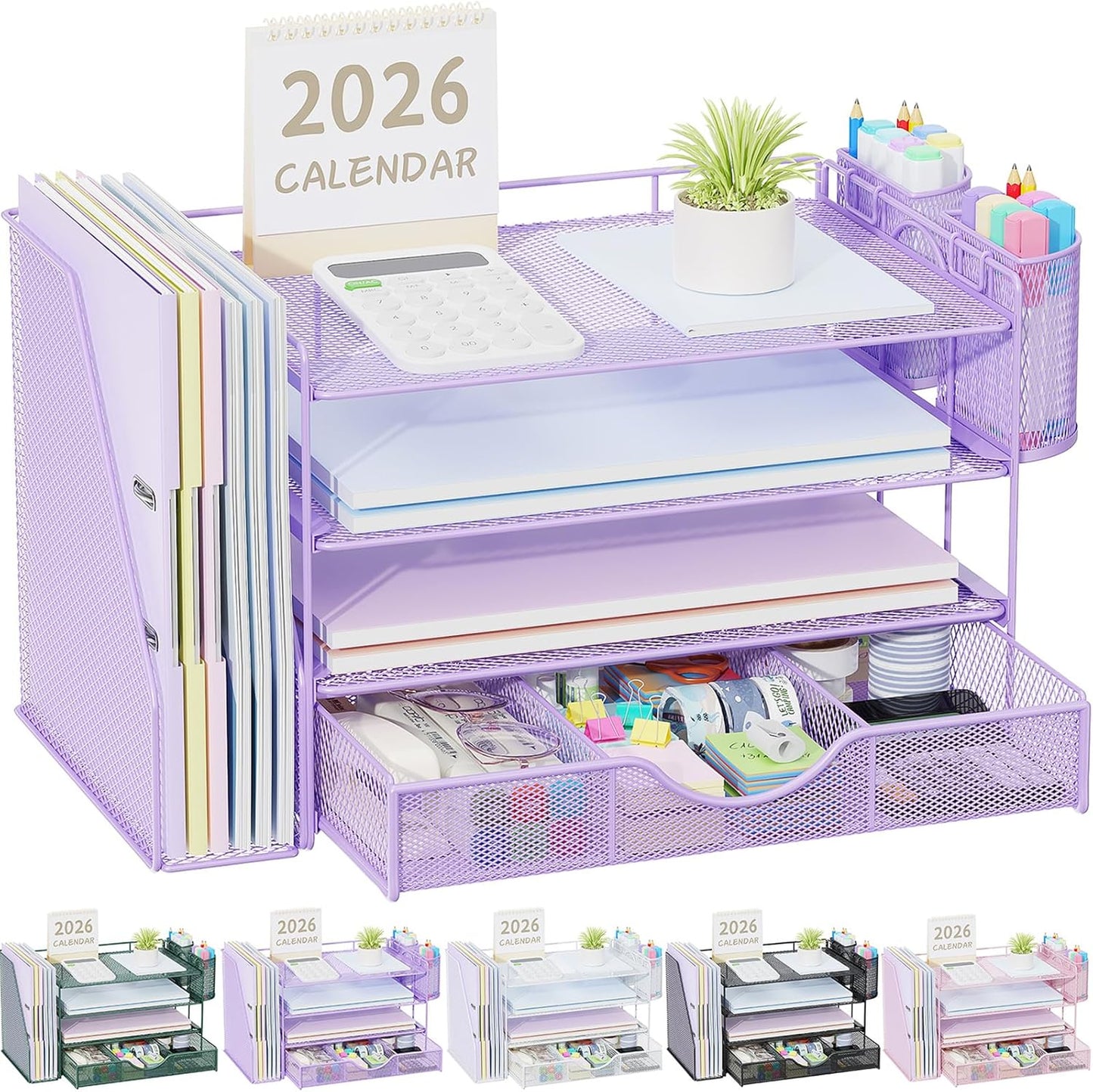 Desk Organizers and Accessories with File Holder, 4-Tier Desk Accessories & Workspace Organizers with Drawer and 2 Pen Holder, Paper Organizer for Office Supplies (Rose Gold)