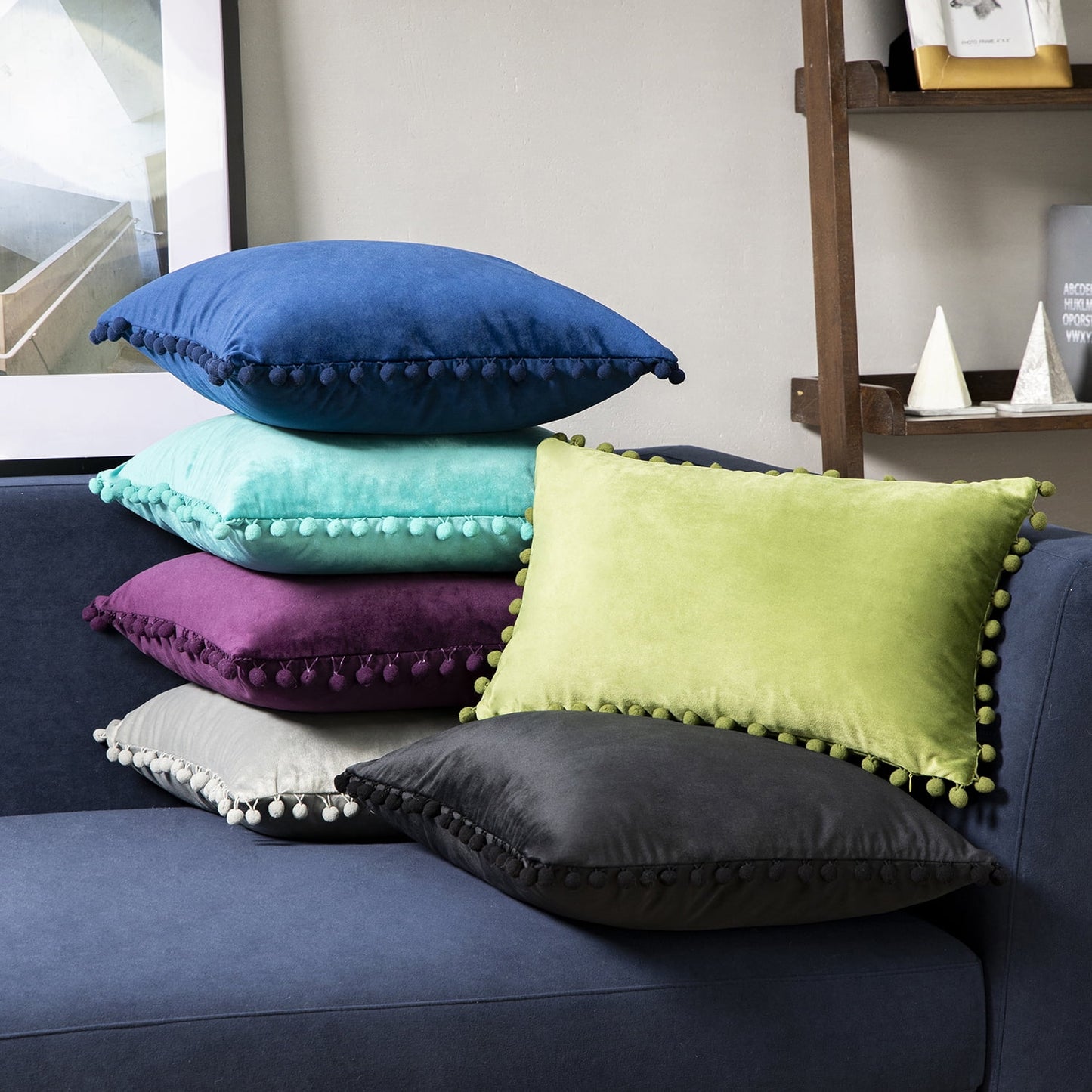 Silky Velvet Series Pom Pom Decorative Throw Pillow with Insert, 18" X 18", Dark Purple, 2 Pack