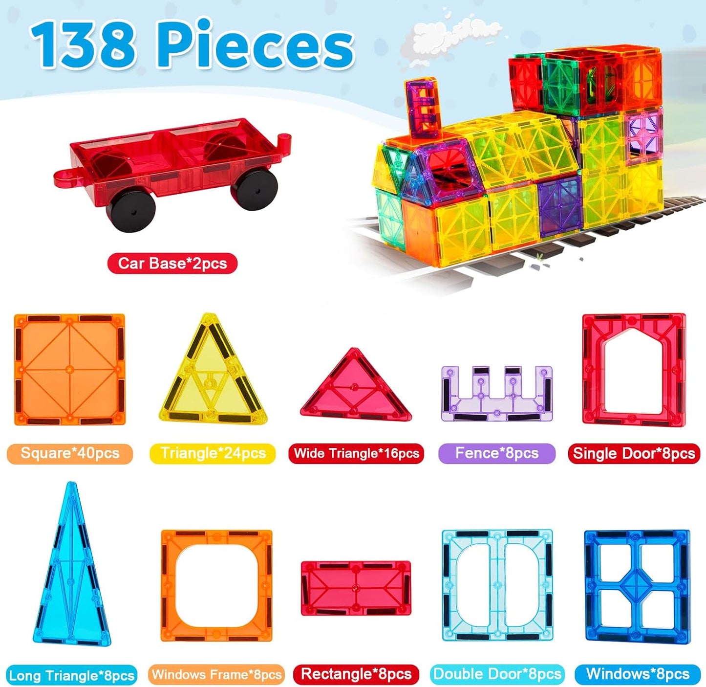 138PCS Magnetic Tiles Set with 2 Cars, STEM Educational Construction Building Blocks & Montessori Learning Toys for Kids Ages 3-9+ Years
