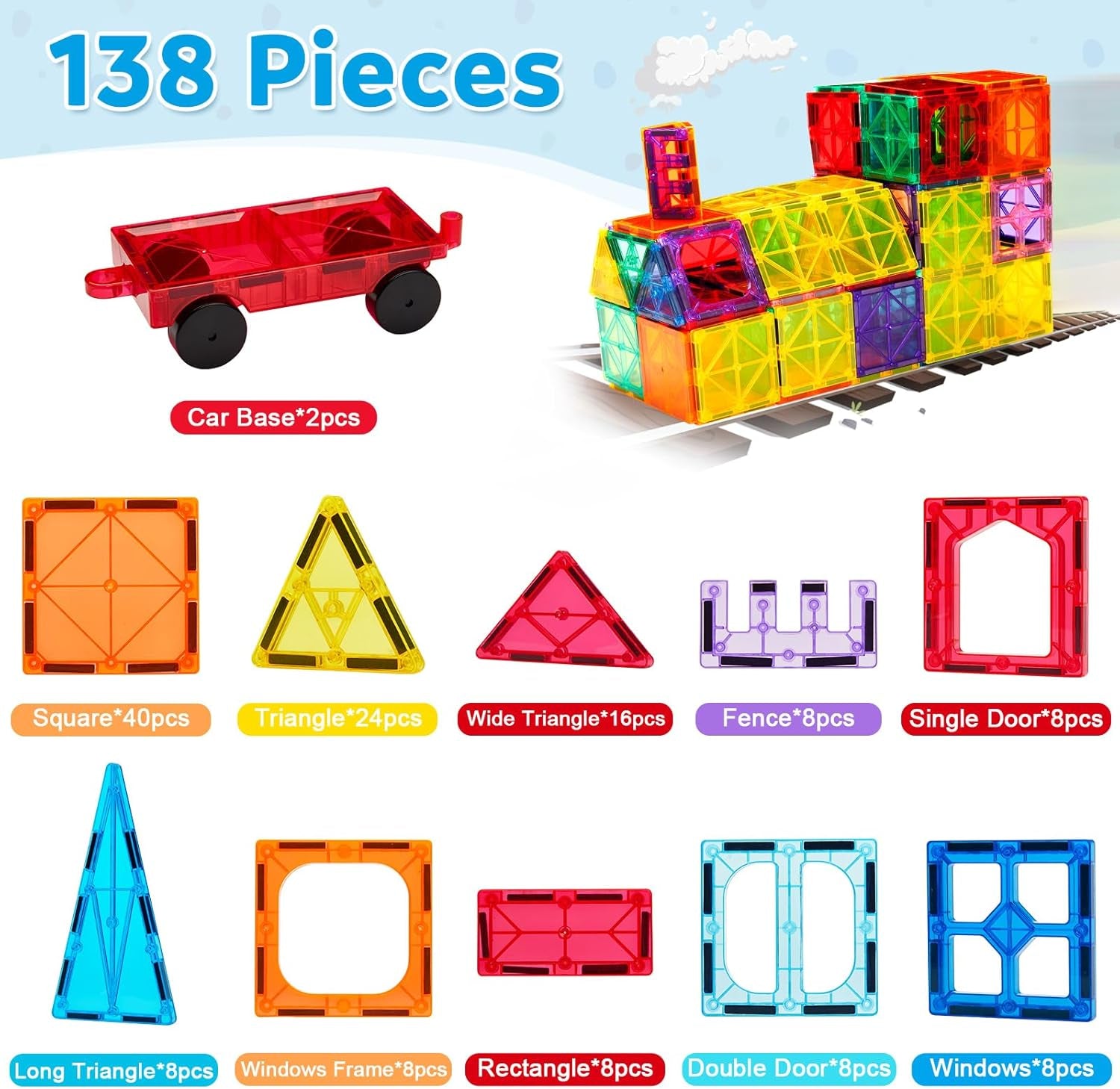 138PCS Magnetic Tiles Set with 2 Cars, STEM Educational Construction Building Blocks & Montessori Learning Toys for Kids Ages 3-9+ Years