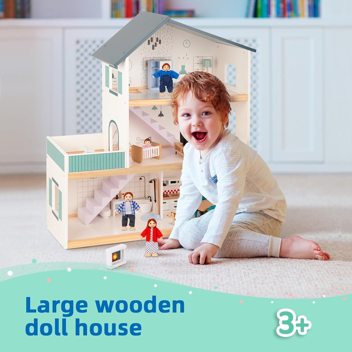 Wooden Dollhouse for Kids, Doll House with Simulated Luxury Furniture Set, Dollhouse Playset for Girls Toddlers (Including 4 Family Dolls and a Dog)