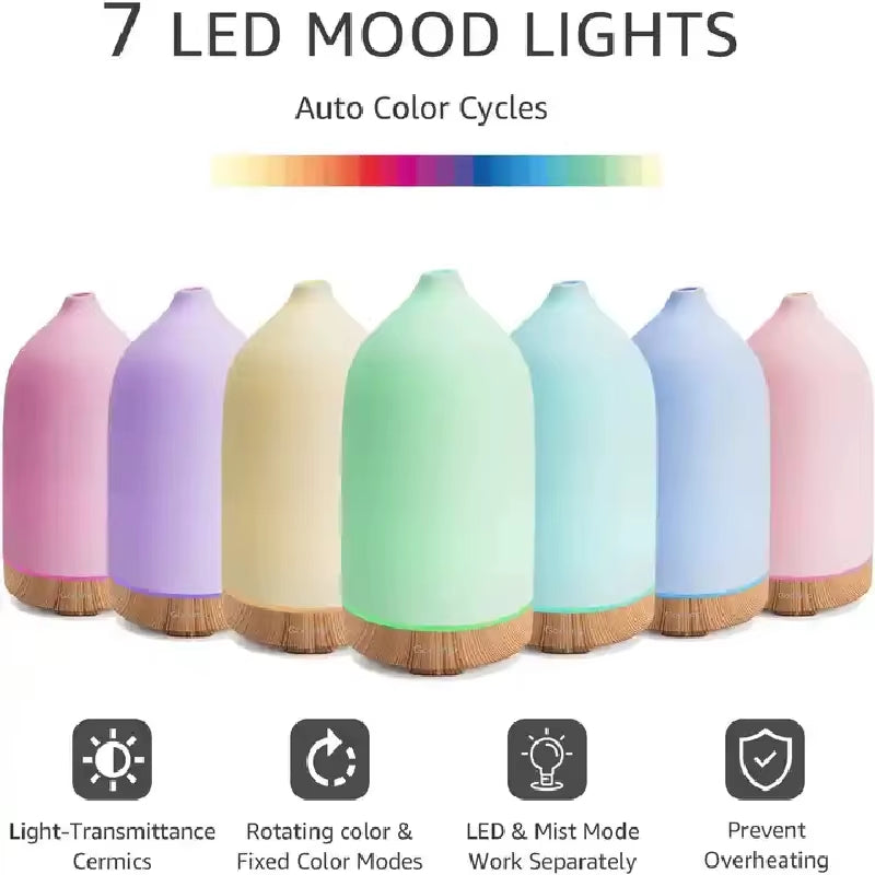 Ceramic Diffuser 100ML Essential Oil Diffuser Air Humidifier with 7 LED Ultrasonic Aromatherapy Diffusers for Home