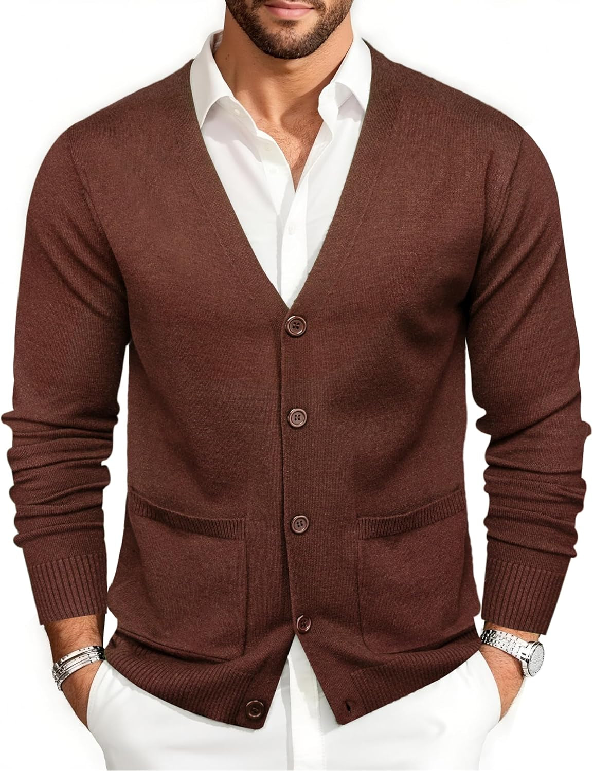 Mens Cardigan Sweater Long Sleeve Casual V Neck Solid Knitwear Cardigans with Pockets Business Weekend