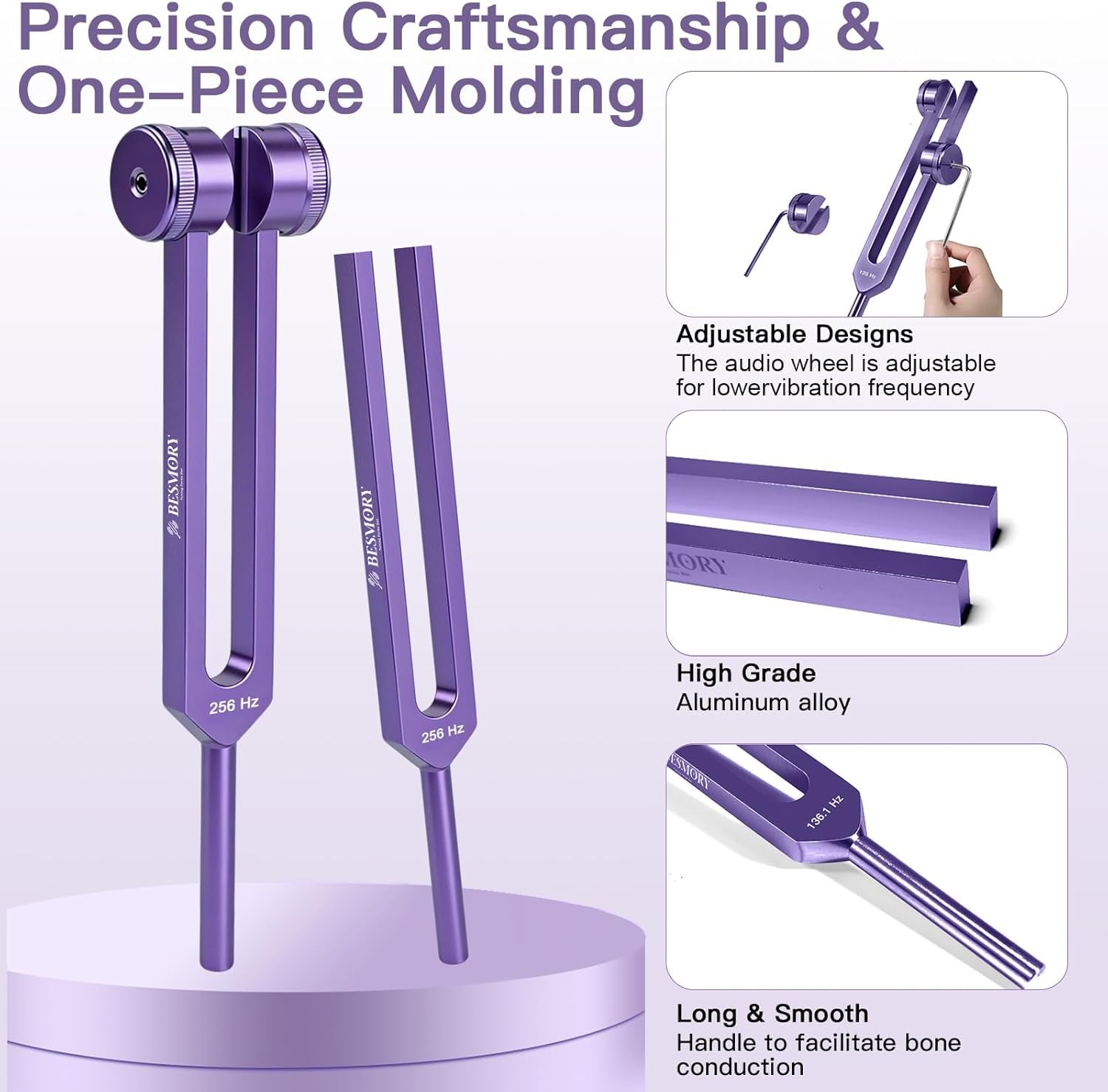 Tuning Forks for Healing Set (128Hz, 136Hz, 256Hz, 384Hz), Purple | Weighted and Unweighted Tuning Fork, Sound Healing for Meditation, Yoga, Chakra Balancing, with Reflex Hammer & Velvet Pouch