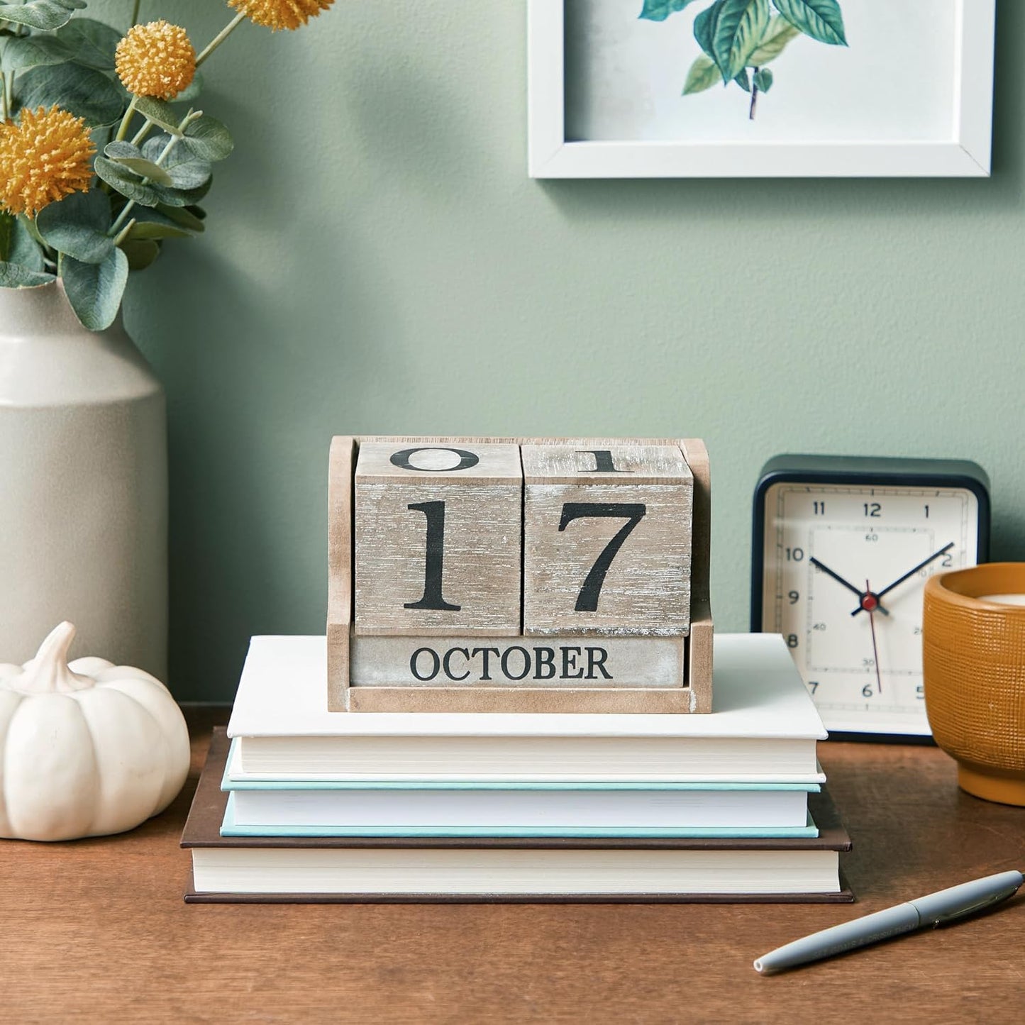 Wooden Perpetual Block Calendar for Desk, Wood Month Date Display Blocks for Teachers, Students, Classroom, Rustic Farmhouse Office Decor, Desk Accessories (5 X 4 In)