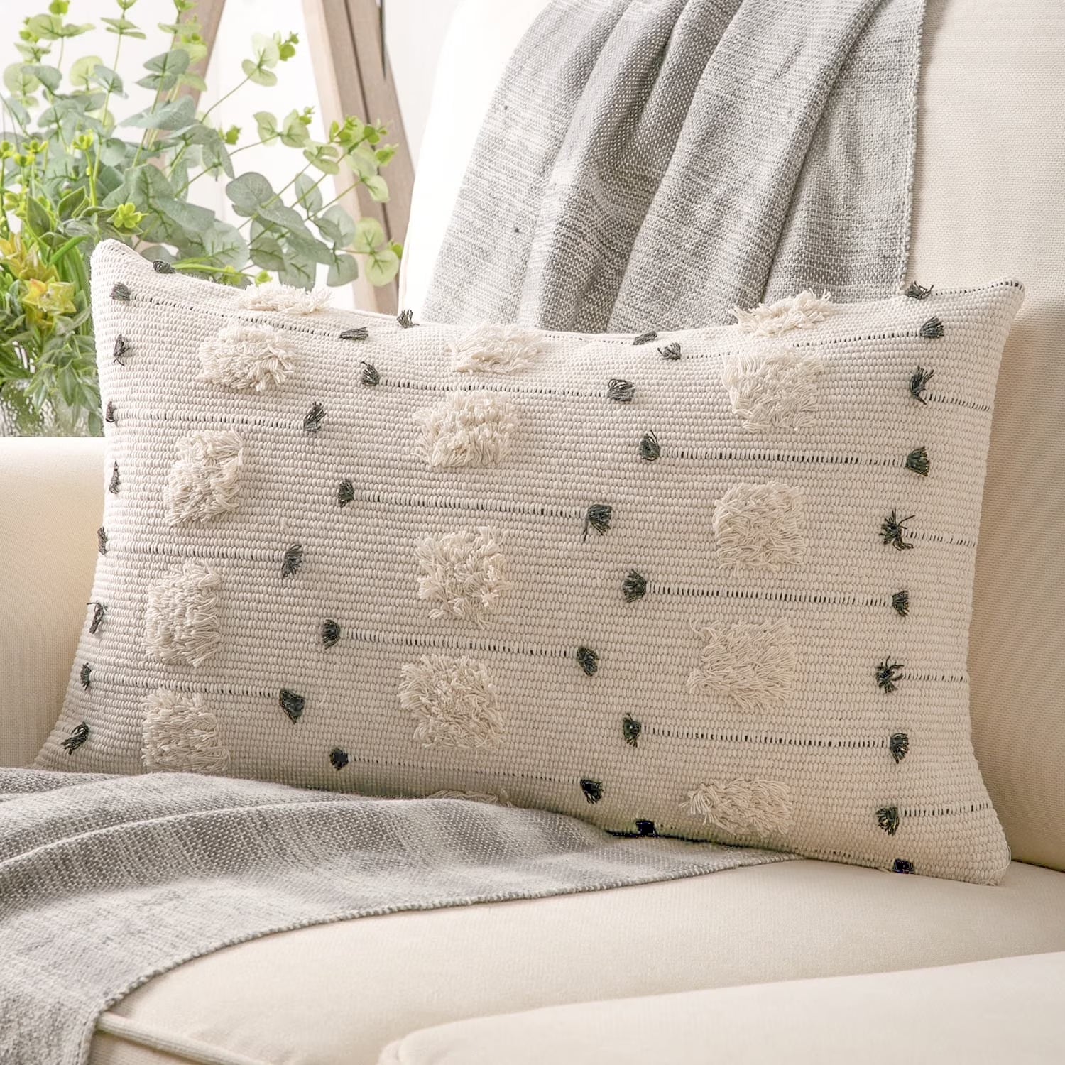Boho Woven Tufted Series Decorative Throw Pillow Cover, 12" X 20", Beige with Black Dot, 1 Pack