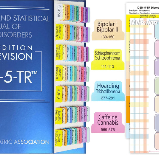 Upgraded Index Tabs for DSM-5-TR 2022, 94 Printed DSM-V-TR Tabs, 100 Tabs in Total, with Alignment Guide & Disorders Description Sheet for the Diagnostic and Statistical Manual of Mental Disorders