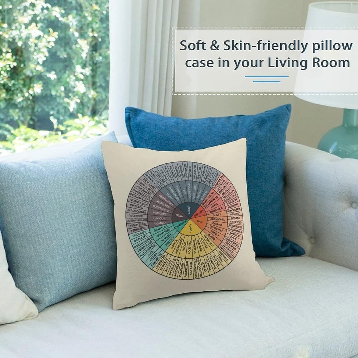 Wheel of Emotions Feelings Velvet Throw Pillow Covers Cozy Square Pillowcases Home Decor for Bed Couch Sofa Therapy Office Living Room Cushion Covers Counselor Physical Therapist Gifts 18"X18"