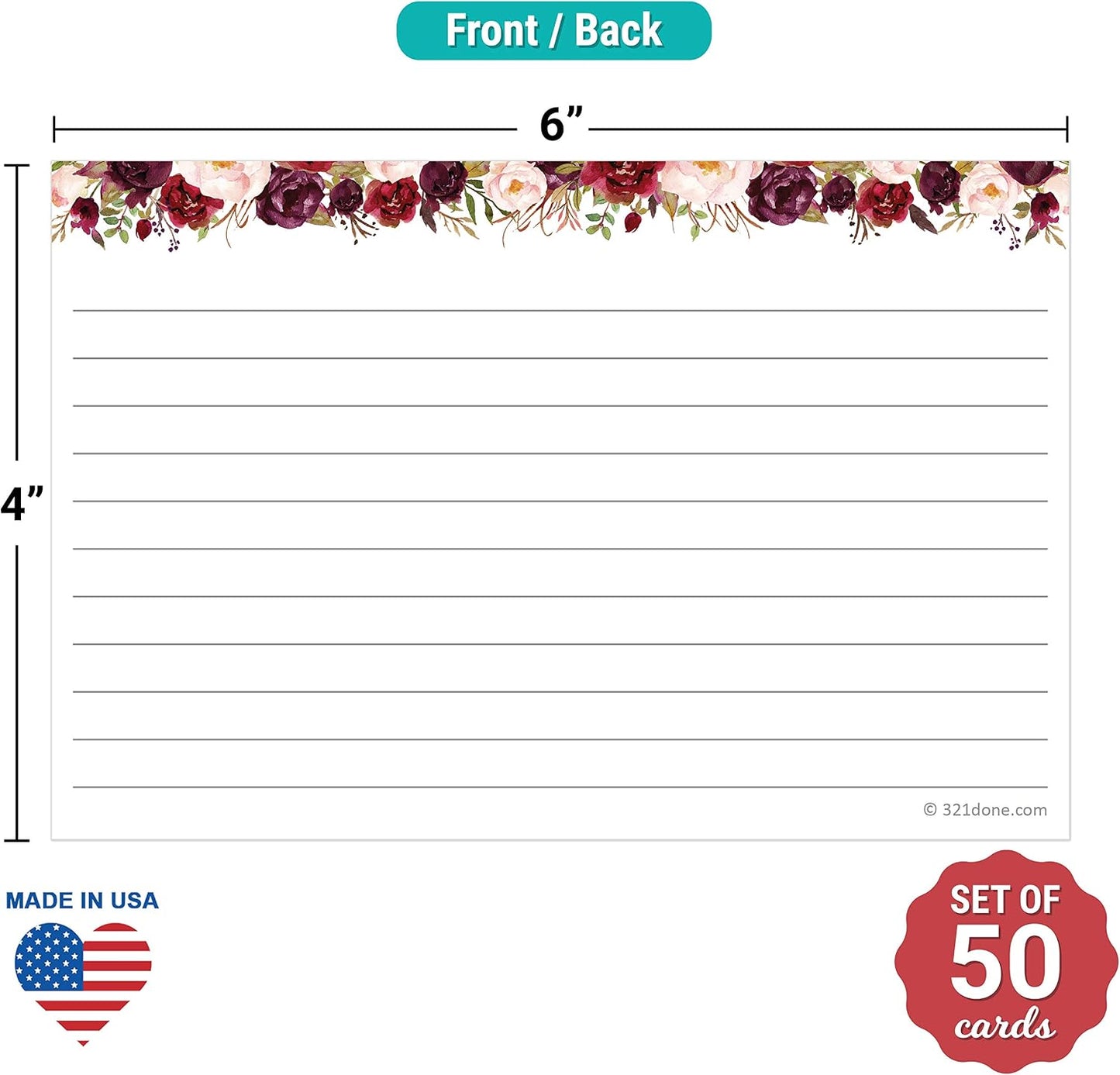 Ruled Note Cards, Floral 4X6 Thick Index Cards - Plain White Card Stock, Notecards & Stationery with Lines for Writing, Stamping - Made in USA, Set of 50 - No Envelopes