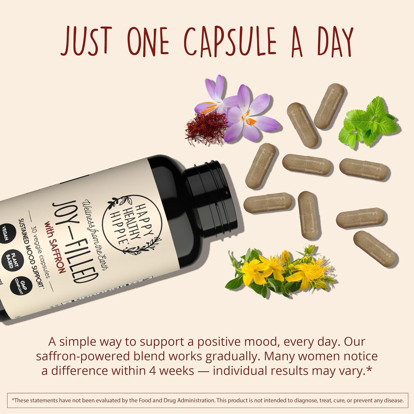 Joy-Filled with Saffron Mood Support Supplement — Daily Mood Support with 30Mg Extract + Ashwagandha, Rhodiola, St. John'S Wort, Lemon Balm | Saffron Supplements for Emotional Support, Vegan, 30 Ct