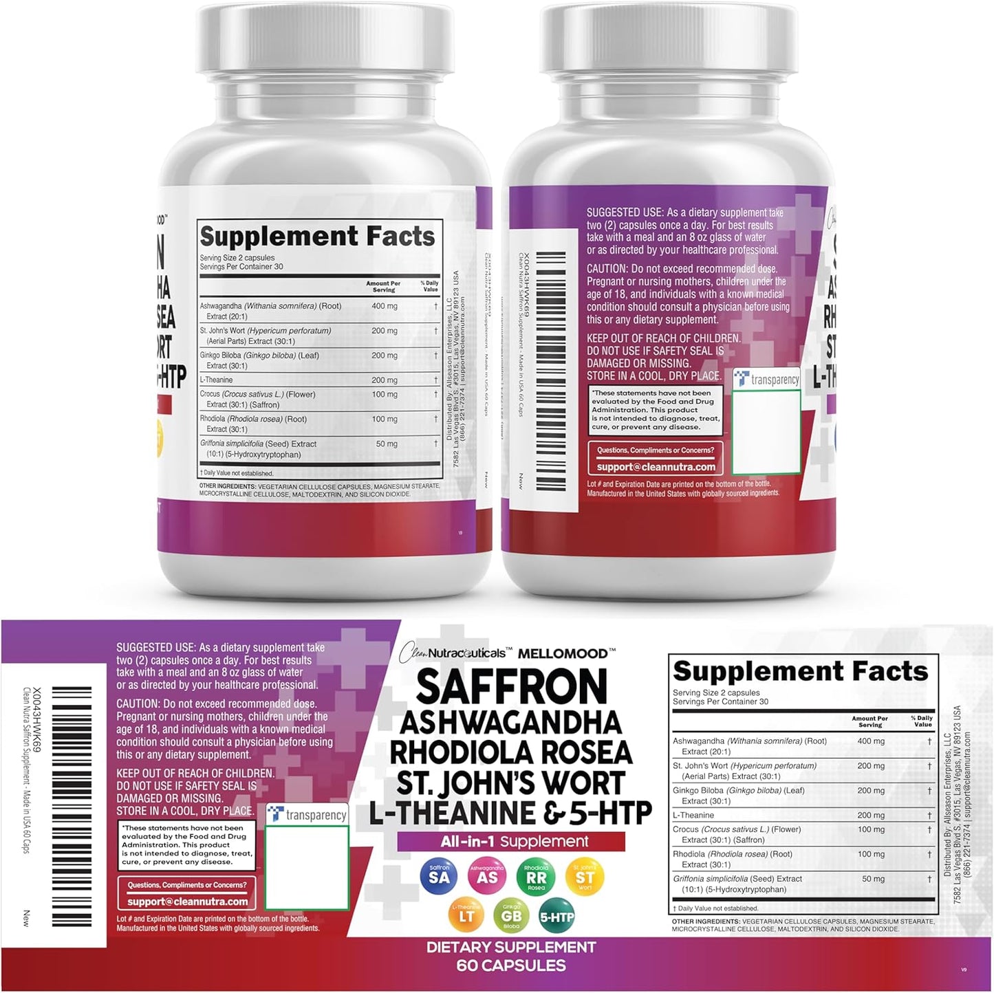 Saffron Supplements Extract 100Mg + Ashwagandha L-Theanine 200Mg - Mood Support Ginkgo Biloba, St. John'S Wort, Rhodiola Rosea & 5-HTP Capsules Pills Men Women