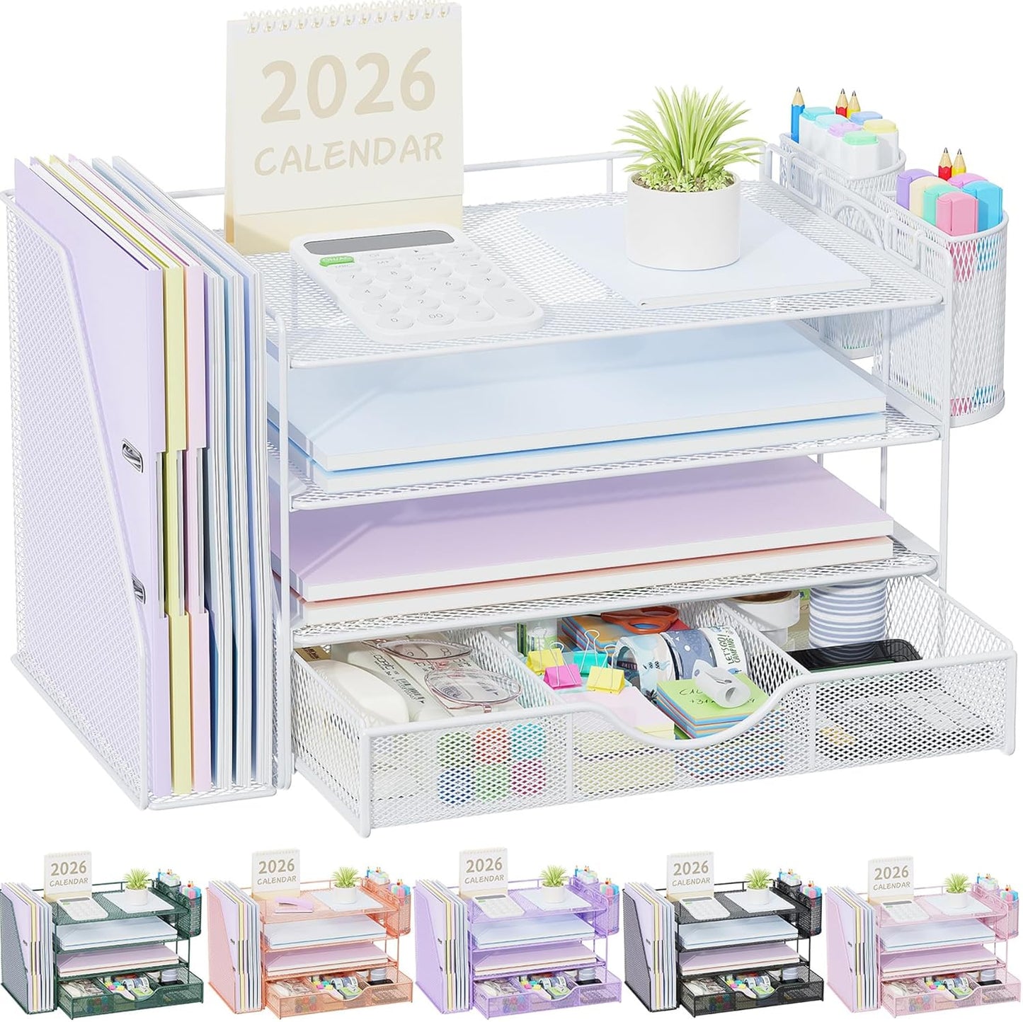 Desk Organizers and Accessories with File Holder, 4-Tier Desk Accessories & Workspace Organizers with Drawer and 2 Pen Holder, Paper Organizer for Office Supplies (Rose Gold)