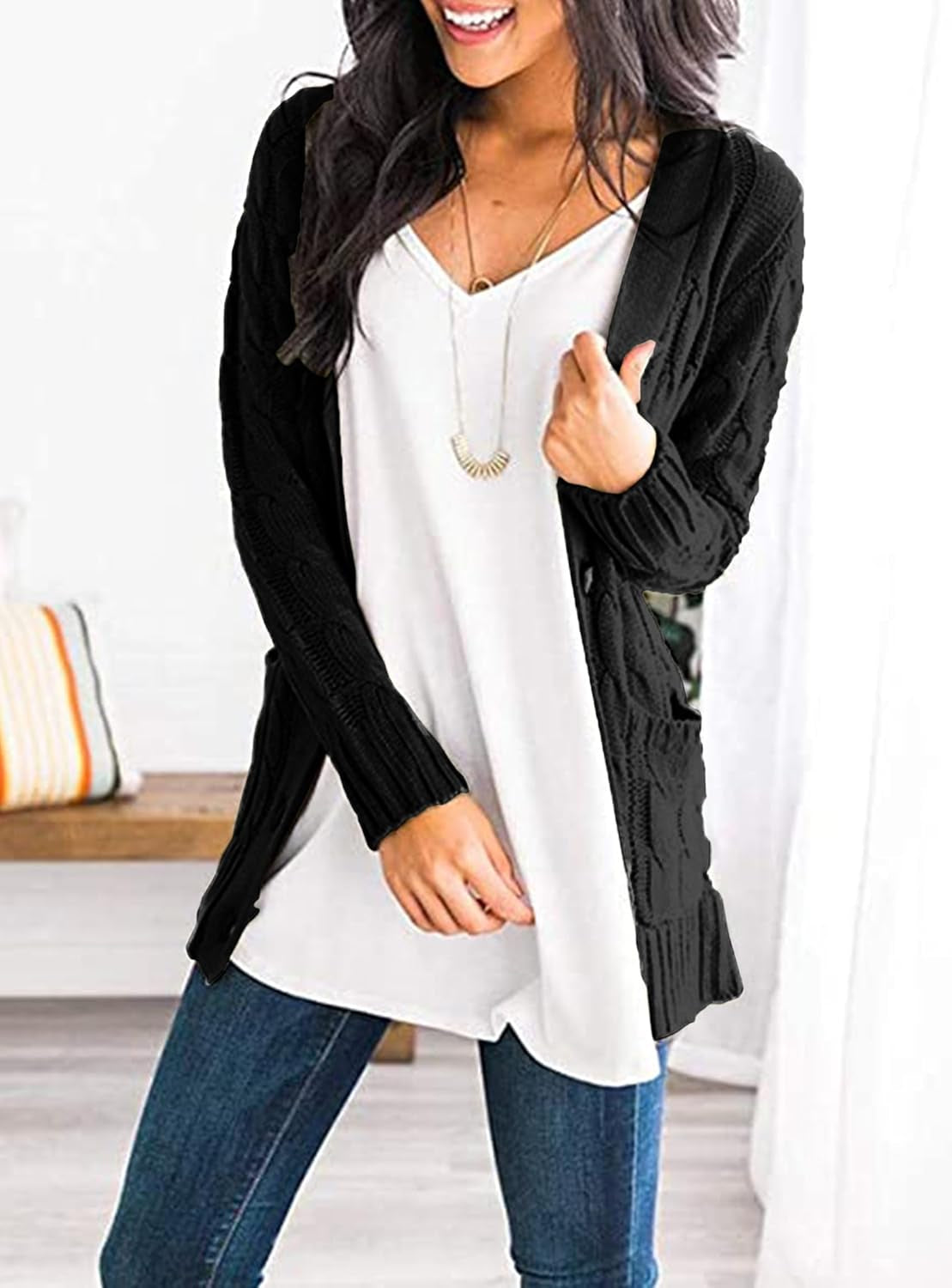Women'S Open Front Cardigan Sweaters Fall Fashion Button down Cable Knit Chunky Winter Clothing Outerwear Coats