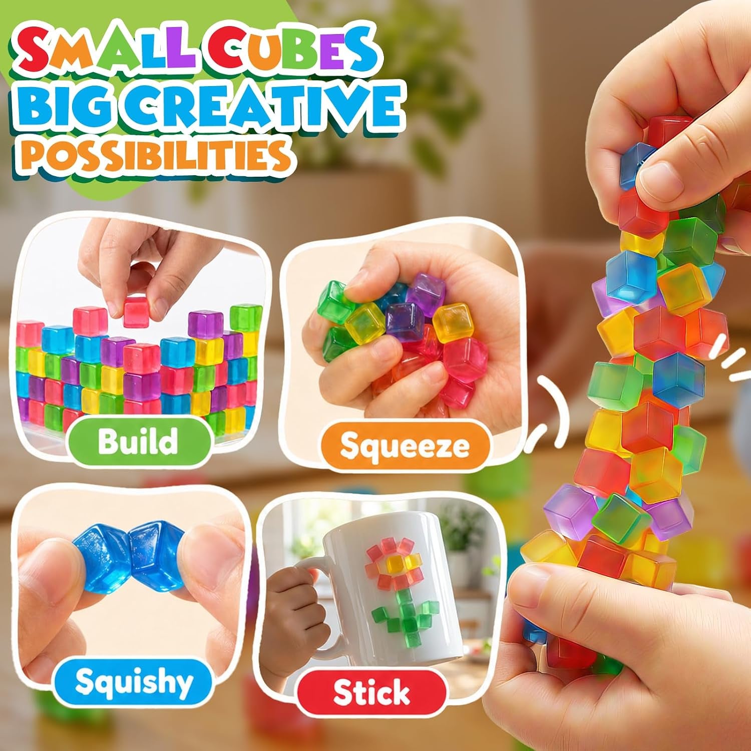 Mini Sticky Stacking Cubes for Kids: 150 PCS Washable Sensory Building Toy, Soft Squishy 0.39 Inch Cubes with Storage Box, Balanced Stickiness for 2D & 3D Building, Translucent Travel Toy