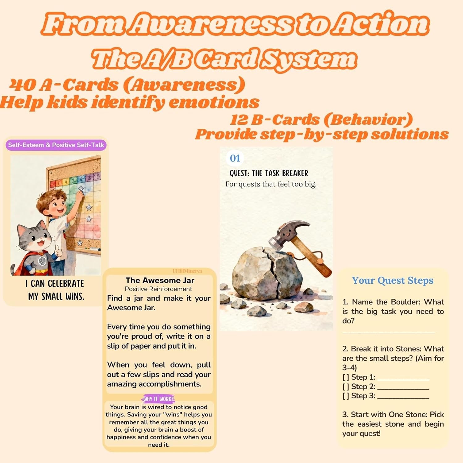 ADHD Skill Cards for Kids & Parents - 52 Guided Therapy Cards for Emotional Regulation, Focus & Social Skills - Pocket-Sized Behavior Management Tool with A/B System, Ages 6-12, Home School Therapy