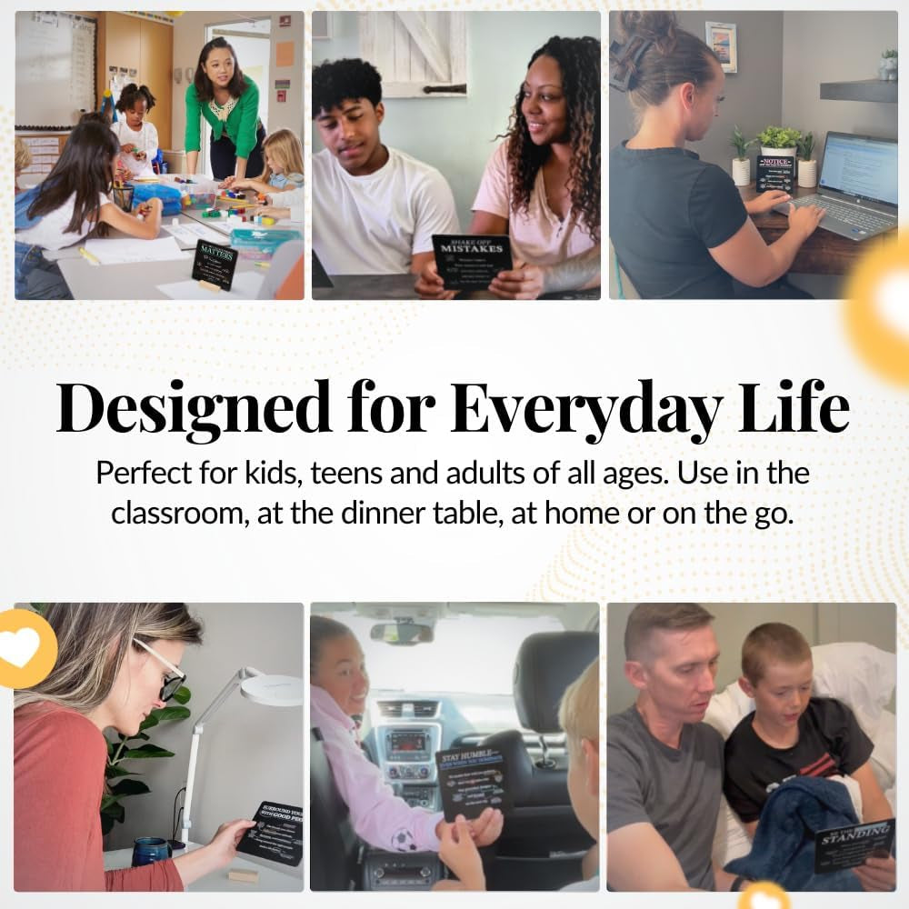 Executive Functioning Mindset Cards – 52 Daily Habit Cards for Focus, Organization & Follow through – for Kids, Teens & Adults – Includes Wooden Display Stand – Gift for Teachers & Parents