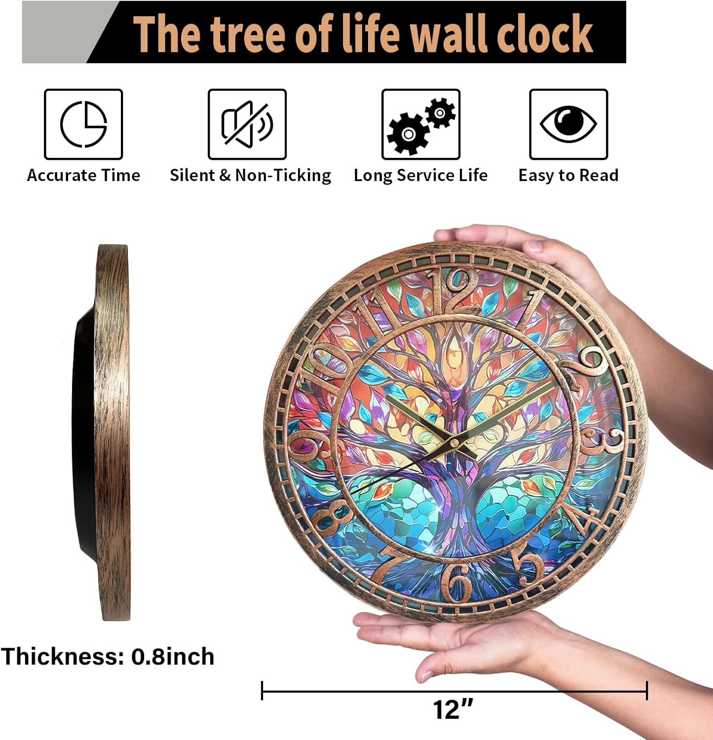 Tree of Life Wall Clock 12Inch Silent Movement Non-Ticking Clock Precise Timekeeping Wall Clock Suitable for Living Rooms Bedrooms Offices Ideal for Home Decor Gifts Antique Copper