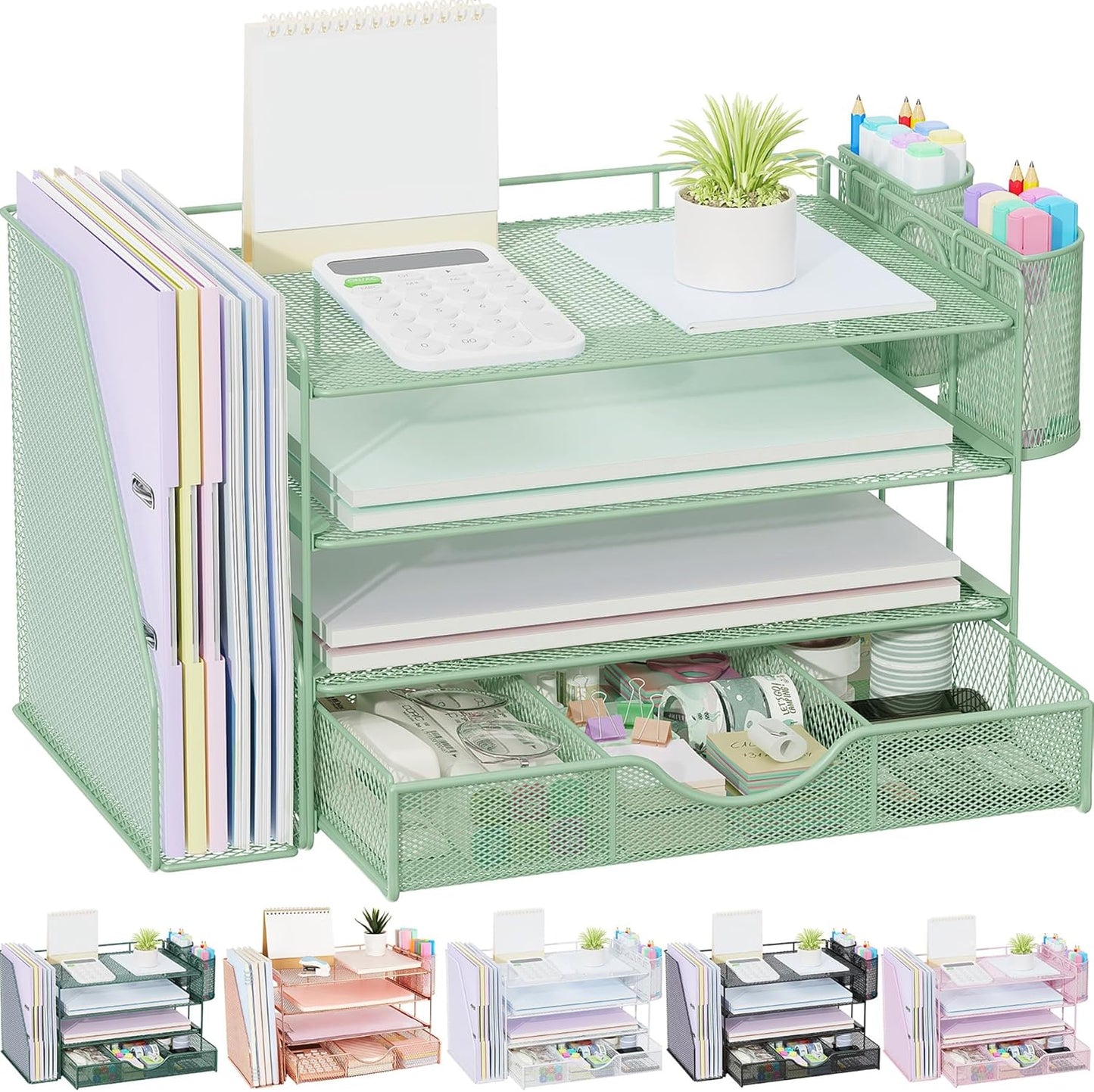 Desk Organizers and Accessories with File Holder, 4-Tier Desk Accessories & Workspace Organizers with Drawer and 2 Pen Holder, Paper Organizer for Office Supplies (Rose Gold)
