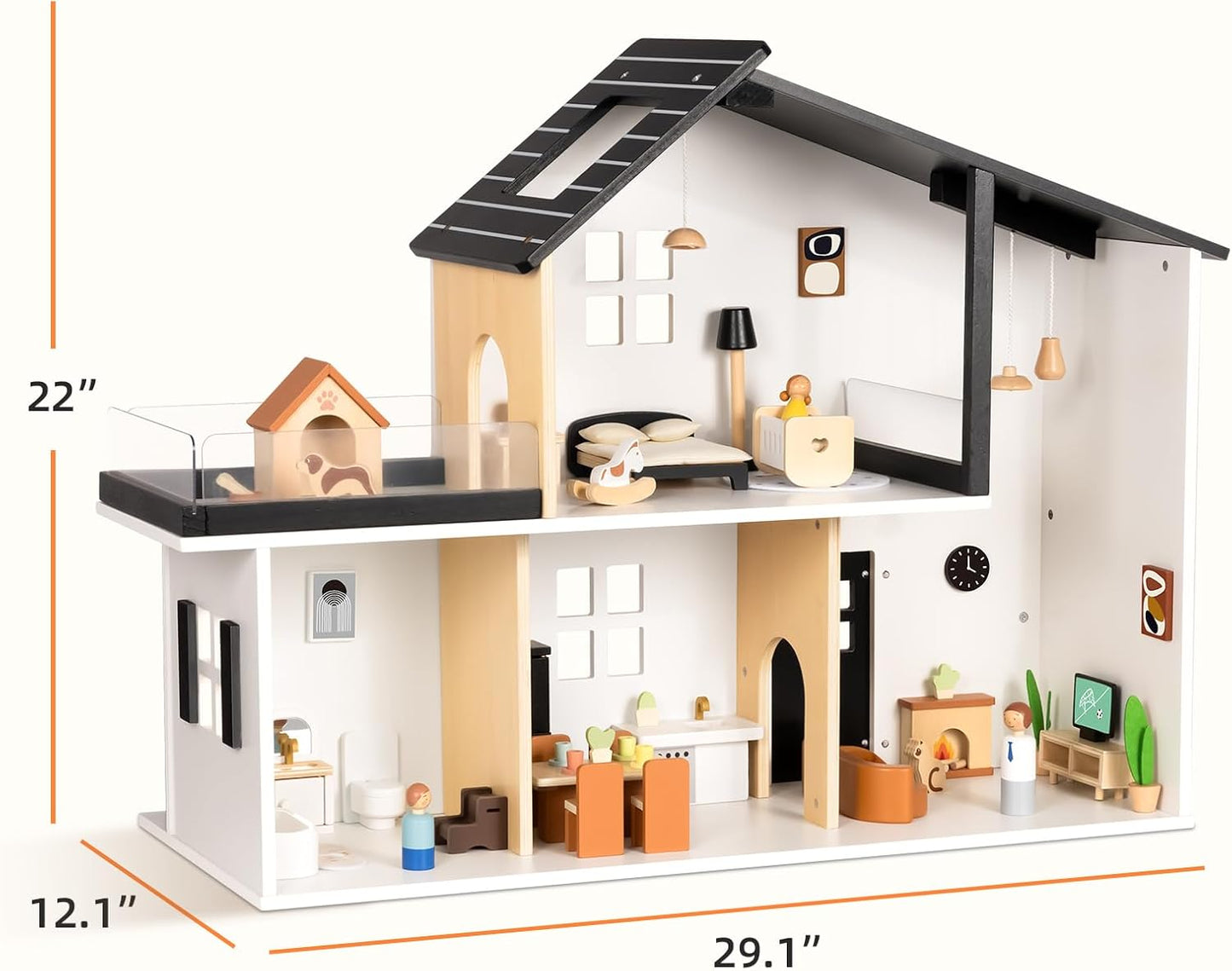 Wooden Dollhouse, Modern Doll House with 66Pcs Luxurious Furniture Accessories, Including Dolls and Pet Sets, Wood Dollhouse Toy for Boys and Girls 3+