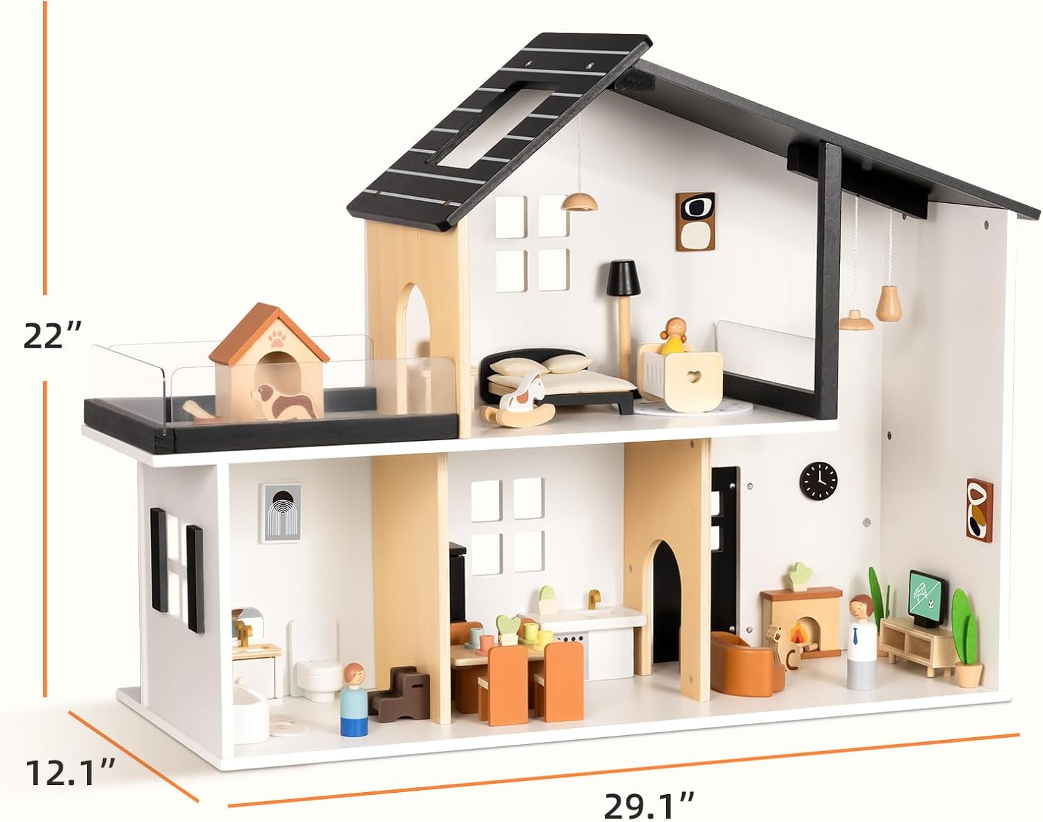 Wooden Dollhouse, Modern Doll House with 66Pcs Luxurious Furniture Accessories, Including Dolls and Pet Sets, Wood Dollhouse Toy for Boys and Girls 3+