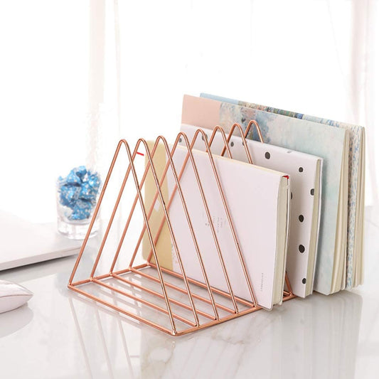 9 Slot Rose Gold Magazine Holder,Desktop File Sorter Organizer Triangle Bookshelf Decor Home Office