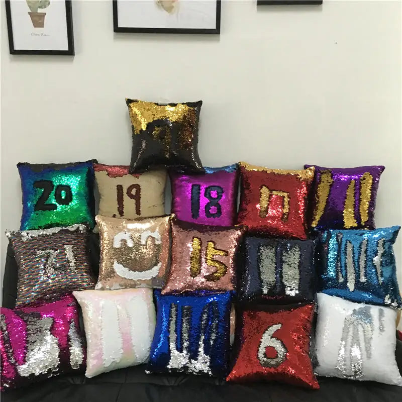 Pillowcase Decorative Cushion Cover Mermaid Sequin Colorful Square Plain Knitted Hidden Zipper Pillow Home Car Sofa 40*40Cm